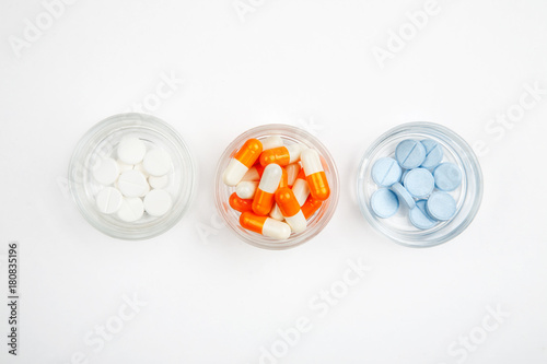 Medications and pills on a white background closeup shot