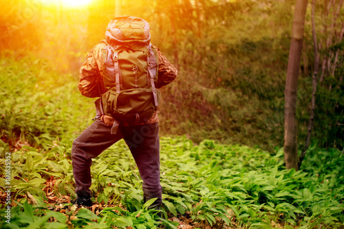 Make hiker carrying backpack in forest, HDR sunrise travel background