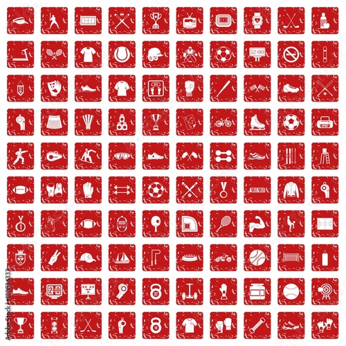 100 athlete icons set grunge red