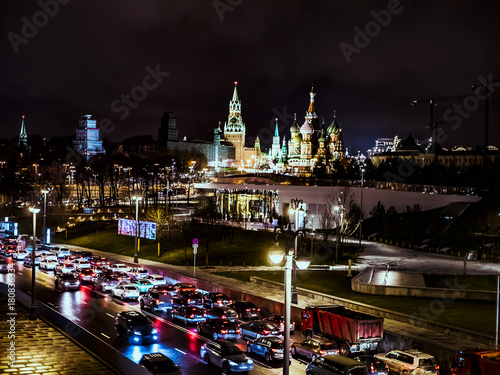 night time city moscow kremlin traffic river 