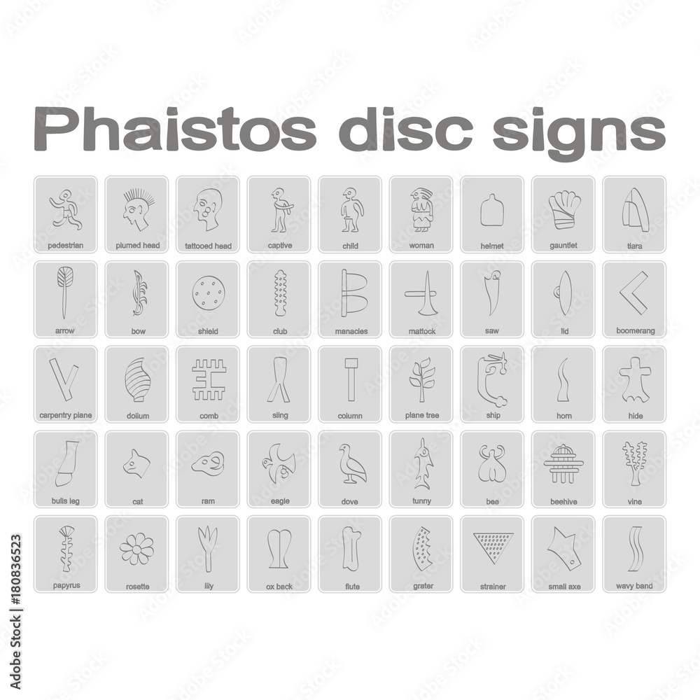 monochrome icons set with Phaistos disc signs for your design monochrome icons set with Phaistos disc signs for your design
