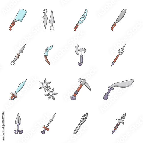 Steel arms items icons set, cartoon style