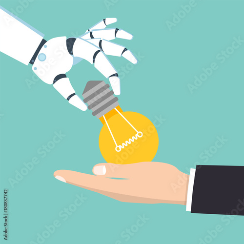Robot hand give man a bulb. Idea concept. Vector illustration.