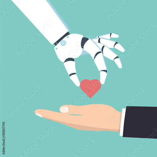 Robot hand give man a heart. Vector illustration.