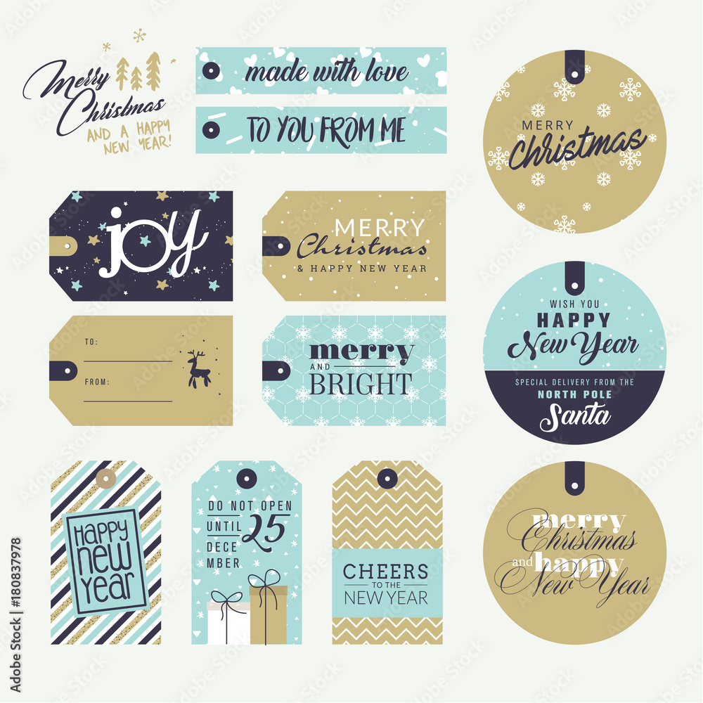 Set of Christmas and New Year gift tags. Flat design style vector illustration templates for winter sale, Christmas and New Year product presentation, marketing.