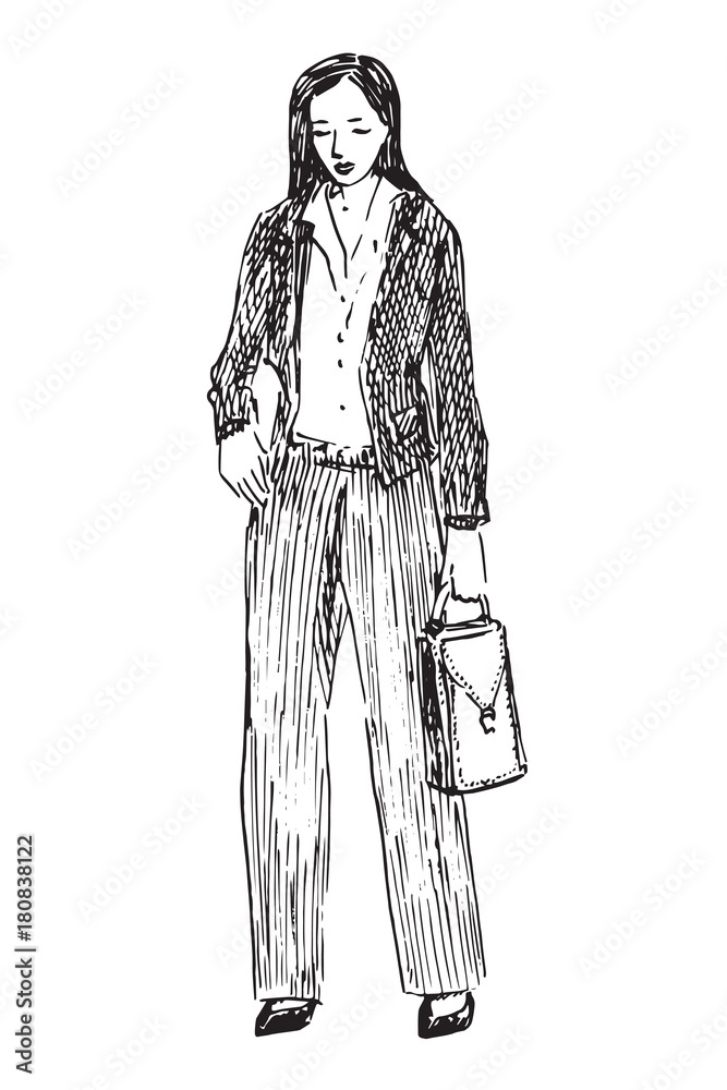 Businesswoman in suit standing with document case, hand drawn doodle sketch, black and white vector illustration Businesswoman in suit standing with document case, hand drawn doodle sketch, black and white vector illustration