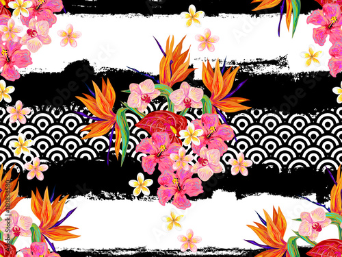 Fototapeta Naklejka Na Ścianę i Meble -  Seamless summer tropical pattern with exotic flowers vector background. Perfect for wallpapers, pattern fills, web page backgrounds, surface textures, textile