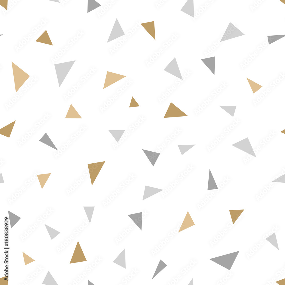 Simple geometric seamless pattern with small golden and silver triangle forms. Repeat small gold color glitter figures. Vector holiday decor background.