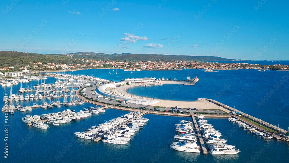 Aerial view of beautiful modern marine of Sukosan densely packed with sailing boats and yachts, Marina Dalmacija. Croatia