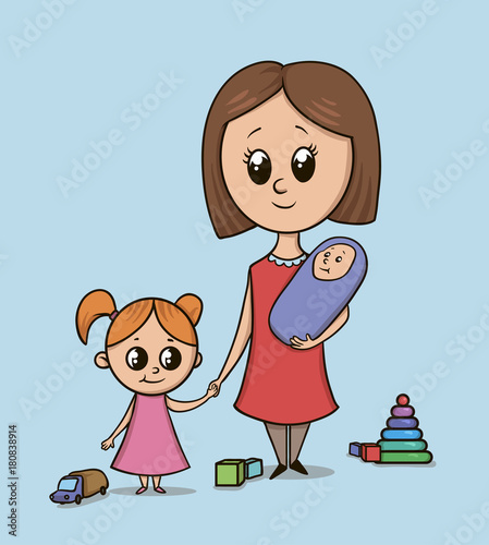 Woman with a girl and a baby on a playground among toys. Babysitter or mom with a toddler holds girl by the hand. Isolated vector illustration on blue background. Big eyes cartoon style characters.