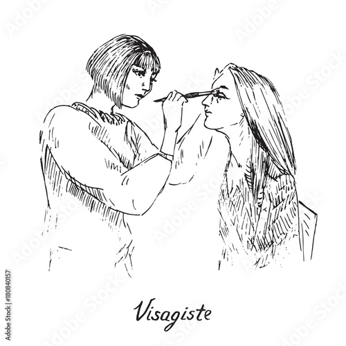 Visagiste at work, applying eye shadows with brush, hand drawn doodle sketch, black and white vector illustration