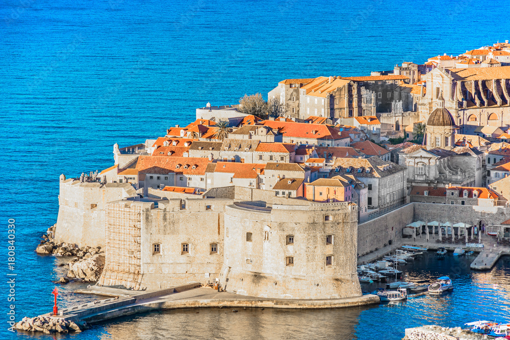 Dubrovnik cityscape Adriatic Sea. / Aerial scenic view at marble Adriatic sea and famous Dubrovnik town - old architecture, Croatia Europe. 
