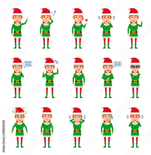 Set of female elf characters showing different emotions. Cheerful elf girl laughing, sleeping, dazed, crying and showing other emotions. Flat style vector illustration