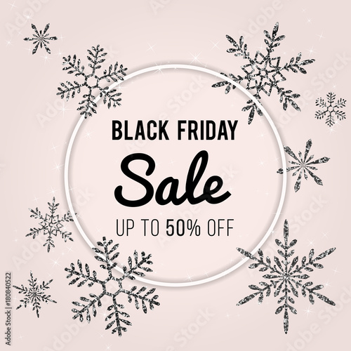Black Friday Sale Vector Banner Design. Stylish winter template with black shiny glittering snowflakes, sparkles. Text signage in round frame. Trendy pink color background. Festive holiday design