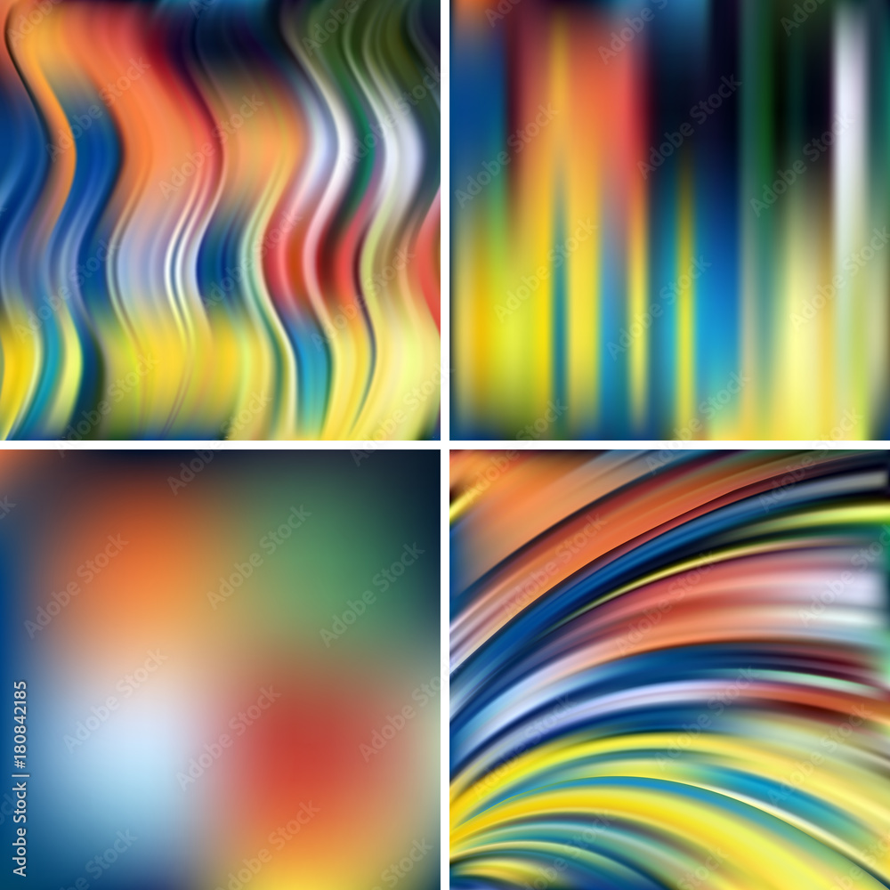 Set of four square backgrounds. Abstract vector illustration of colorful background with blurred light lines. Curved lines. Yellow, orange, blue, green colors.