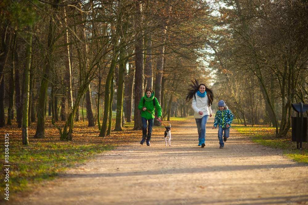 Mother and two sons having fun in autumn Park. Mother and two sons having fun in autumn Park.