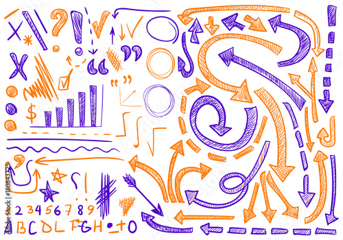 VECTOR set of hand-sketched icons. Elements for text correction or planning. Orange and purple color.