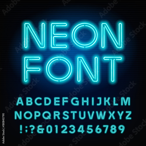 Blue neon tube alphabet font. Neon color letters and numbers. Stock vector typeset for your headers or any typography design.