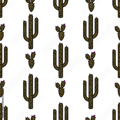 Seamless green cactus pattern, minimal line art style