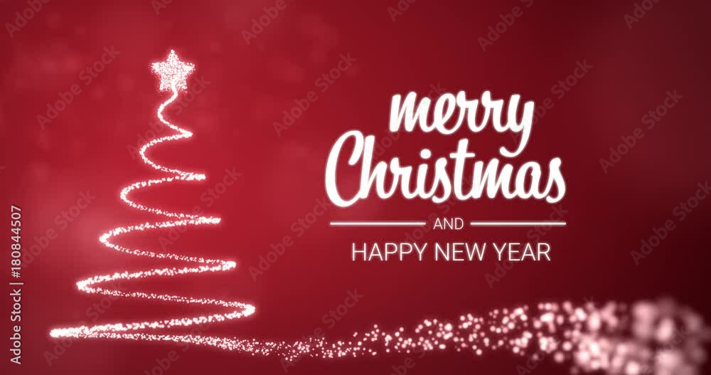 sparkling lights xmas tree Merry Christmas and Happy New Year greeting message in english on red background,snow flakes.Elegant animated holiday season social post digital card 4k video