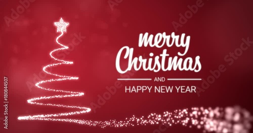 sparkling lights xmas tree Merry Christmas and Happy New Year greeting message in english on red background,snow flakes.Elegant animated holiday season social post digital card 4k video