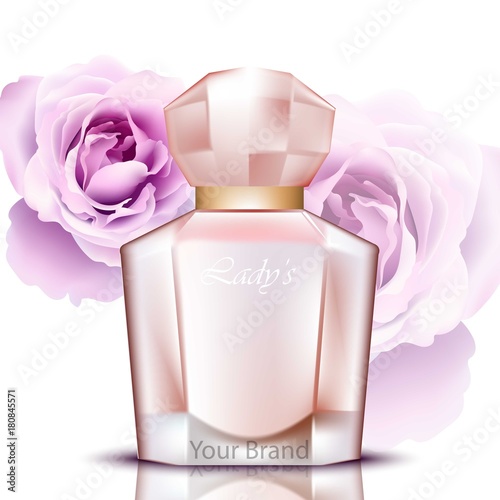 Rosewater perfume bottle realistic Vector. Product packaging designs