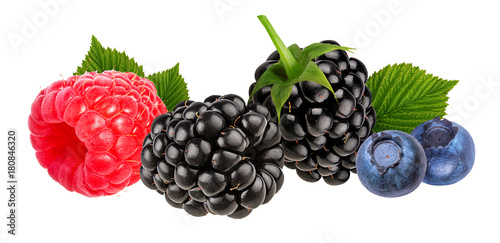 Berries collection. Raspberry, blueberry, blackberry  isolated on white.