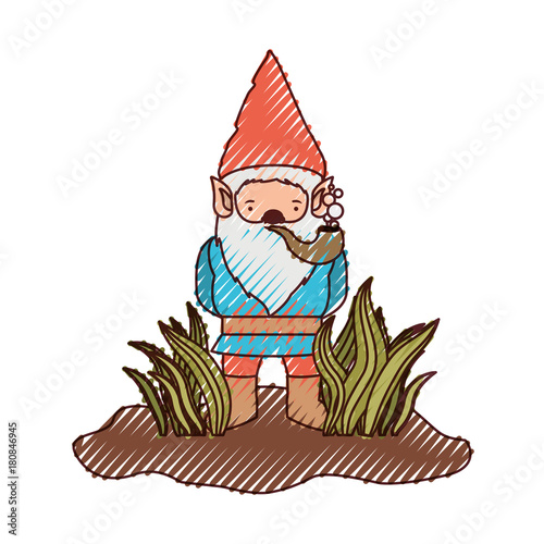 gnome without face coming out of the bushes with smoking pipe on colored crayon silhouette
