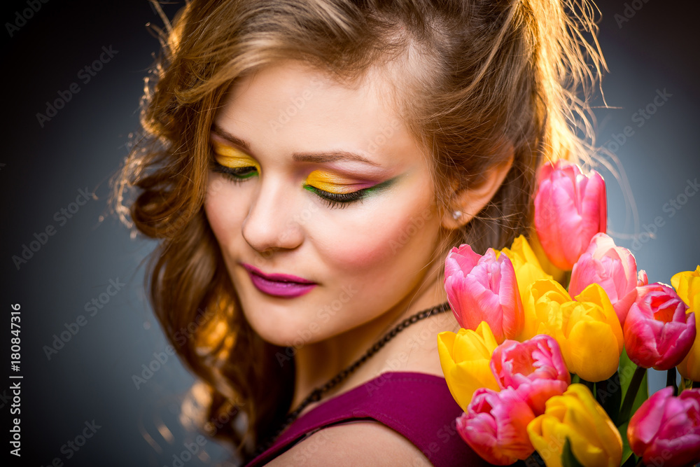 beautiful girl with flowers tulips beautiful girl with flowers tulips
