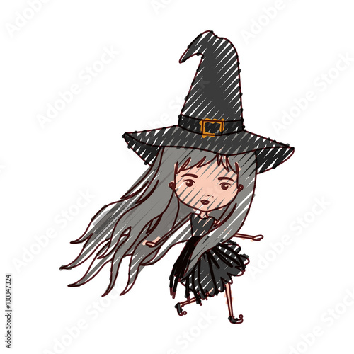 cute witch flying in colored crayon silhouette