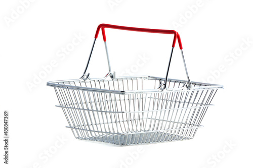 Empty Metal Shopping Basket on White Background photo