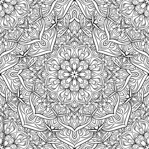 Vector seamless pattern mandala flower on a white background. Monochrome black and . Doodle lace . illustration. Round ornamental geometric doily tracery
