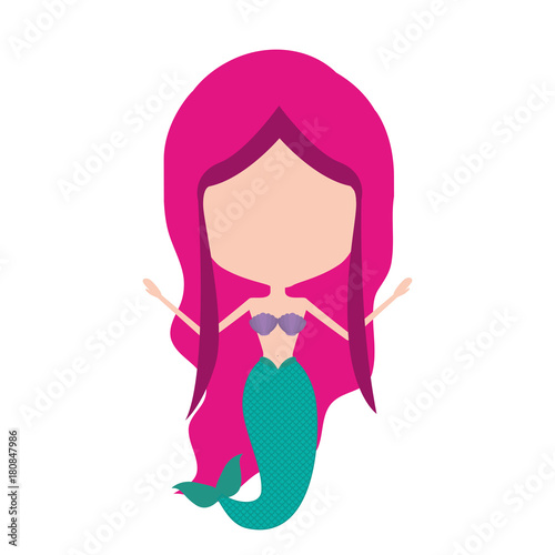 mermaid without face and magenta hair on white background