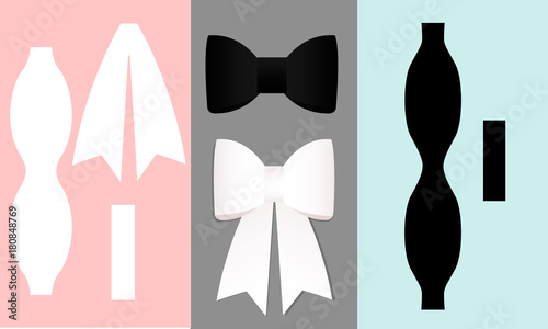 Woman's white bow template with tails. Man's black bow tie. Print and cut. Can be used for garlands, decorating invitations, banners, kids birthday, baby shower party and wedding. Groom and bride sign