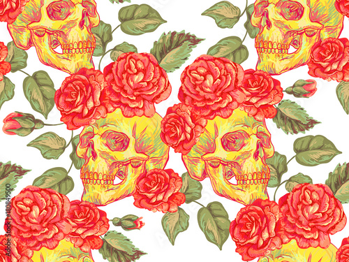 Seamless Mexican pattern with skulls and roses. Rose floral summer design vector background. Perfect for wallpapers, pattern fills, web page backgrounds, surface textures, textile