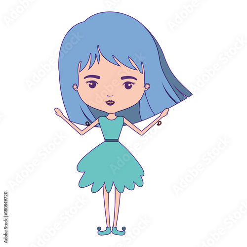 girly fairy without wings and light blue short hair in aquamarine dress with purple contour