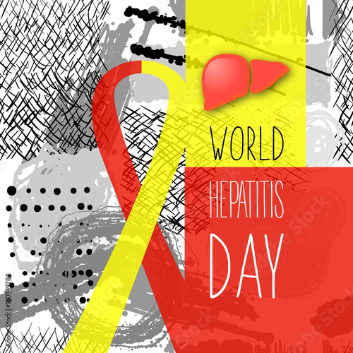 World hepatitis day. Liver. Hepatic disorder (cirrhosis, hepatic cancer, hepatitis). Red yellow ribbon. Medical vector illustration. Health care