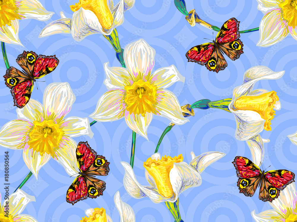 Seamless spring white narcissus and butterfly floral pattern. Vector background perfect for wallpaper, pattern fill, web page, surface texture, textile. Pattern with flowers. Springtime