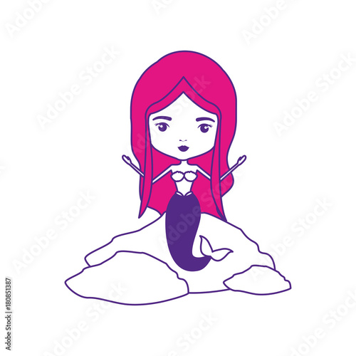 mermaid in a rock with magenta long hair on color sections silhouette