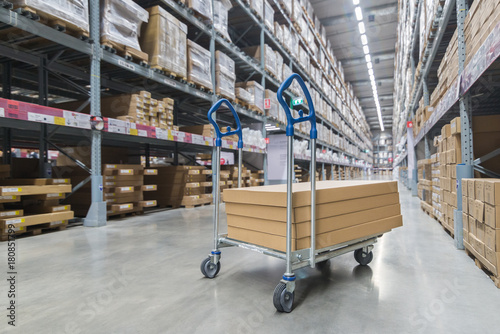 Boxes on storage cart in warehouse