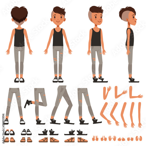 Boy character creation set, student boy constructor with different poses, gestures, shoes vector Illustrations
