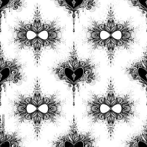 Seamless pattern  with Zentangle Heart with flowers in Boho style black on white for coloring page or for decoration t-shirt clothes and for package perfume cosmetic or for other things