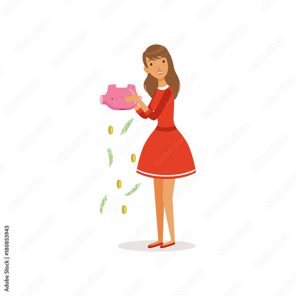 Beautiful sad young woman character in red dress shaking an empty piggy bank colorful flat vector Illustration Beautiful sad young woman character in red dress shaking an empty piggy bank colorful flat vector Illustration