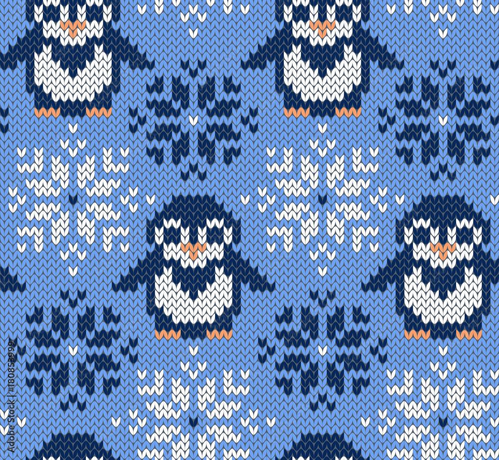 Naklejka premium Penguin jacquard knitted seamless pattern. Winter blue background with cute animals. Northern style. Vector illustration.