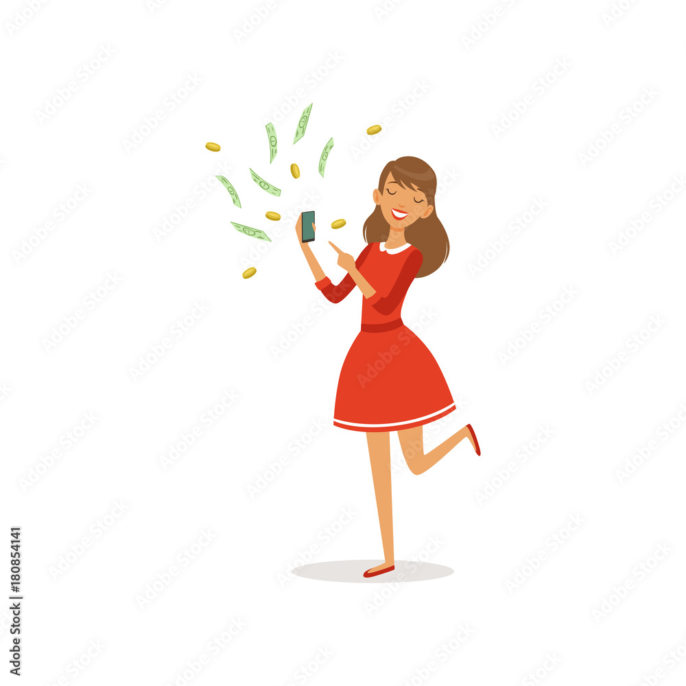 Beautiful young successful rich woman character in red dress earning money with smartphone, financial success colorful flat vector Illustration