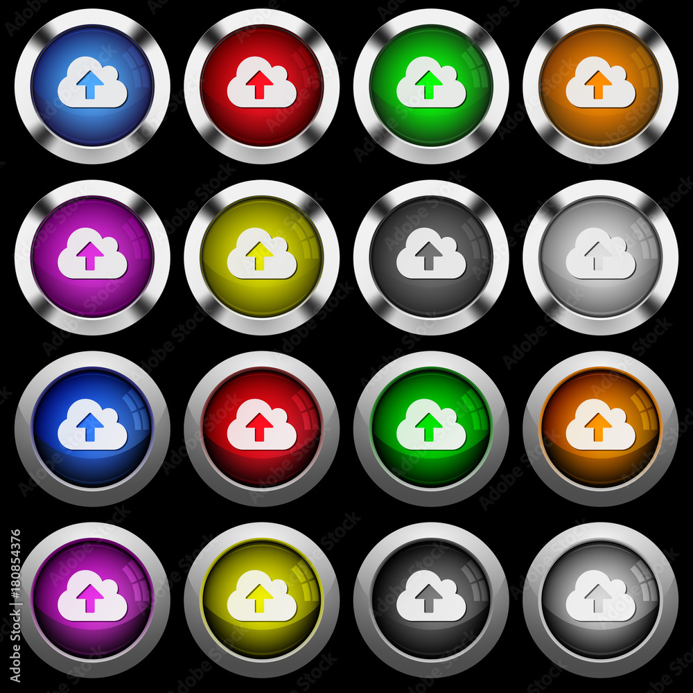 Cloud upload white icons in round glossy buttons on black background