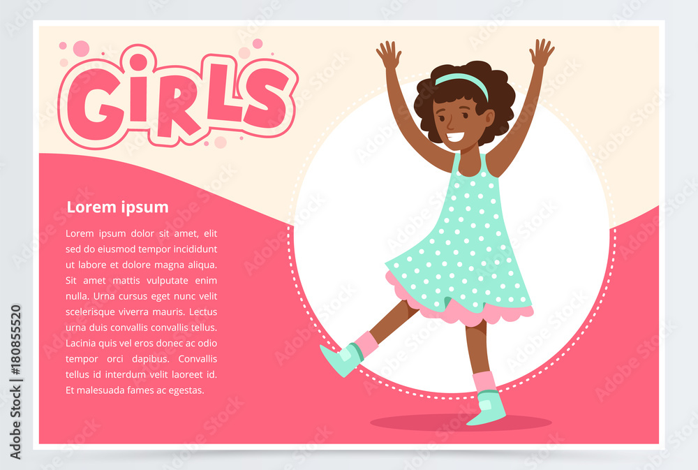 Cute happy african girl smiling, girls banner flat vector element for website or mobile app Cute happy african girl smiling, girls banner flat vector element for website or mobile app