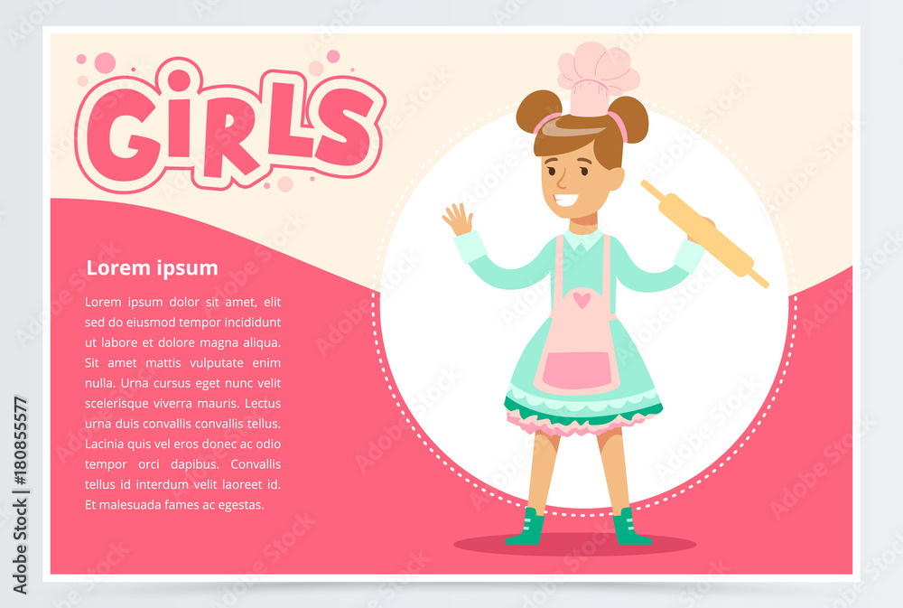 Cute smiling girl chef with rolling pin, girls banner flat vector element for website or mobile app Cute smiling girl chef with rolling pin, girls banner flat vector element for website or mobile app