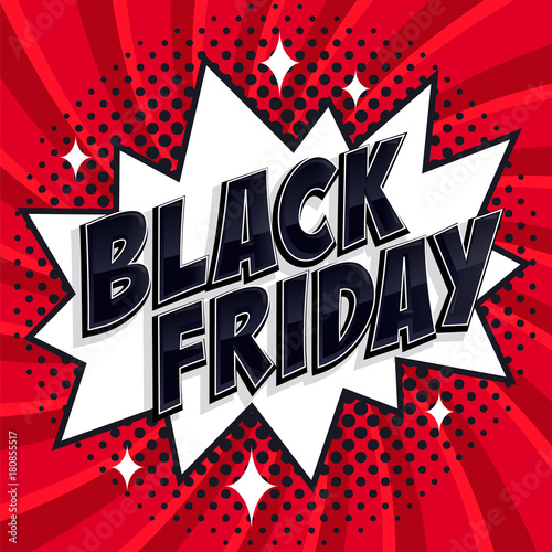 Black Friday sale Comic style banner. Black friday inscription on white and red background. Pop-art comics style web banner, flash animation.