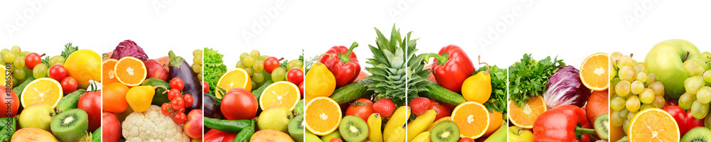 Panoramic collection fresh fruits and vegetables isolated on white background. Wide photo .